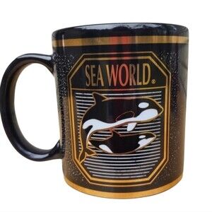 Sea World Mug Shamu Orca and Calf Coffee Mug Black Gold Shiny